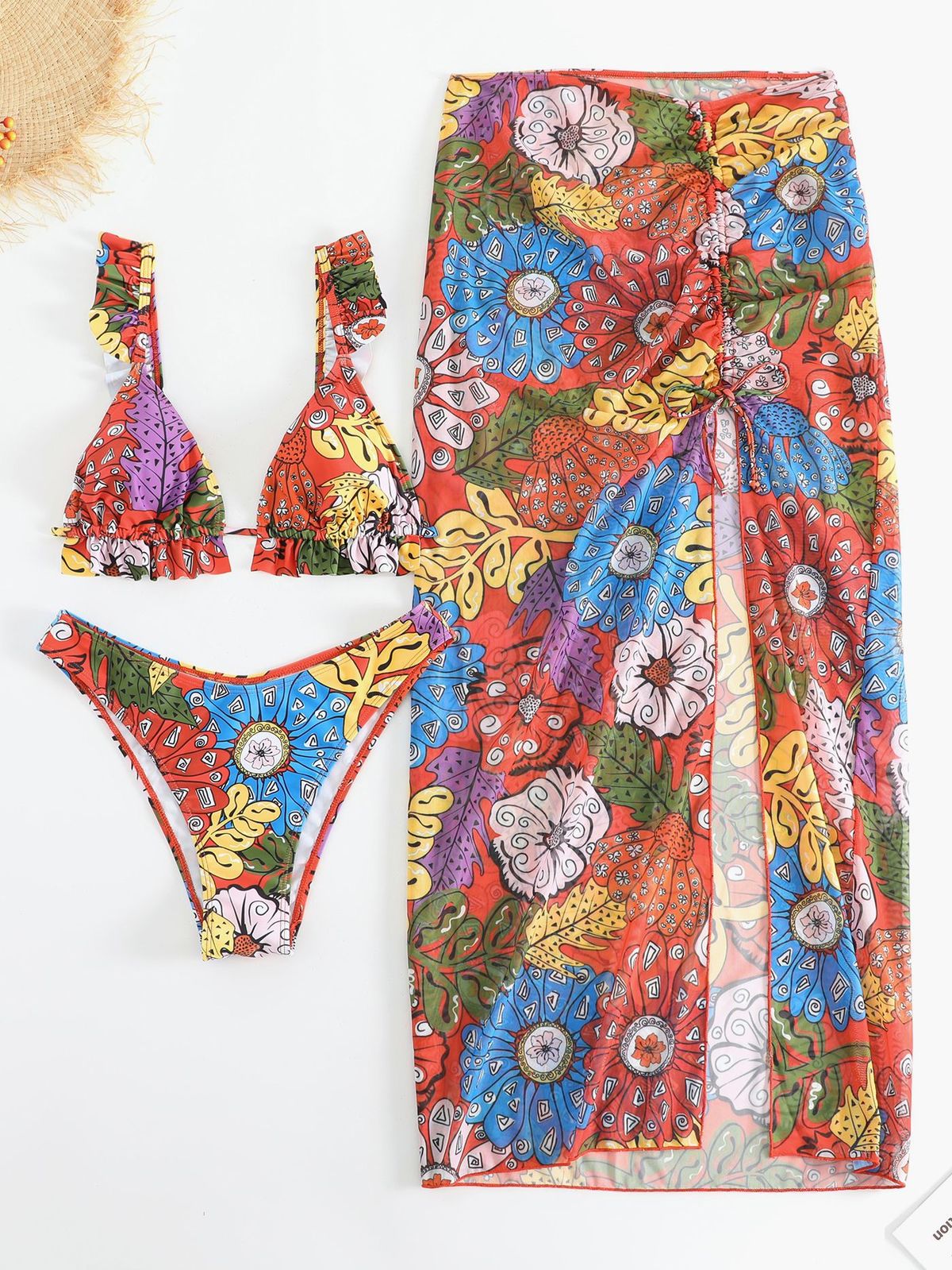 Women's Floral Bikini Set - Sexy 3-Piece Swimwear With Adjustable Triangle Top & Sheer Beach Cover-Up, Quick-Dry Fabric For Pool & Vacation_ecoleips.com