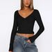 2025 Cross-border Hot-selling Short Cropped Long-sleeve T-shirt Top With Buttons, V-neck, Ribbed Design, Fashionable For_ecoleips.com