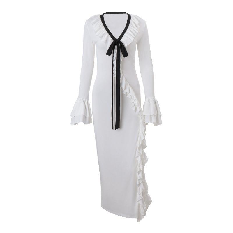 Women's Sexy V Neck Lace Up Ruffled Long Sleeve Side Slit Bodycon Midi Dress – Ins Style Fall Gown 2026_ecoleips.com