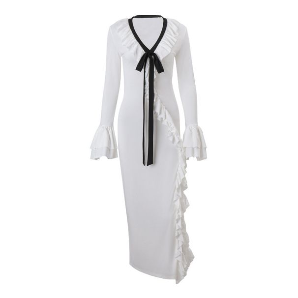 Women's Sexy V Neck Lace Up Ruffled Long Sleeve Side Slit Bodycon Midi Dress – Ins Style Fall Gown 2026_ecoleips.com