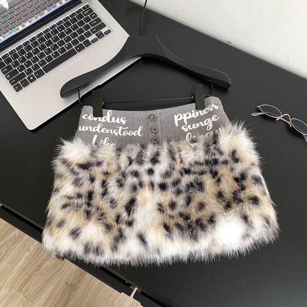 Retro Spicy Leopard Print Fur Patchwork Mini Skirt for Women mid Low Waist Bodycon New Winter 2025 Style_ecoleips.com