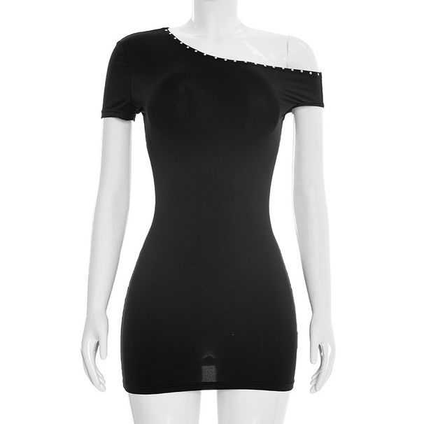 Summer Off-Shoulder Studded Mini Dress for Women Sexy Slim-Fit Cross-Border European American Style Short-Sleeved Dress_ecoleips.com