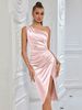 Elegant One-Shoulder Asymmetrical Ruffle Midi Dress For Bridesmaid, Party & Evening Occasions – Slim Fit, Multiple Colors (XS-XL)_ecoleips.com