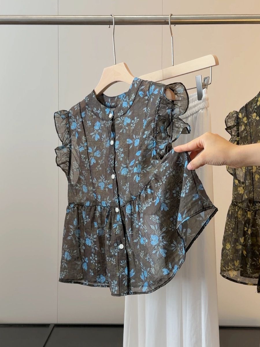 Women's Fashionable Floral Print Blouse Loose Fit Summer 2026 Style Chic And Youthful Thin Top with Flutter Sleeves_ecoleips.com