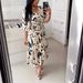 Women's Clothing Summer New Printed V Neck High Waist Lace Up Dress Flared Mid Sleeve Ruffled Slit Long Skirt_ecoleips.com