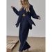 Women's Clothing long sleeved temperament commuter skin color linen solid color slit long shirt and wide leg pants set_ecoleips.com