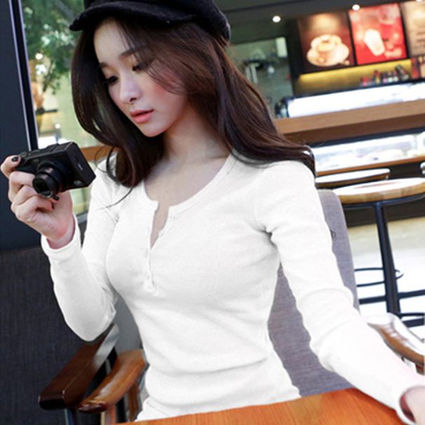 Spring And Autumn Button Threaded Solid Color Long Sleeve T-Shirt Women's Slim Korean Version New Top Bottom Shirt_ecoleips.com