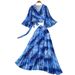 Elegant Abstract Print Wrap Top With Flared Sleeves And High-Waisted Pleated Maxi Skirt Set, Criss-Cross Back Women's Outfit_ecoleips.com