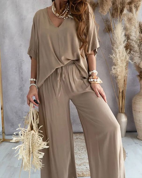 Women's Clothing V neck bat sleeve top casual pants set_ecoleips.com