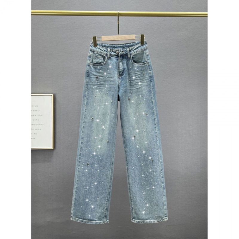 High-Waisted Straight Leg Jeans For Women - Stretch Denim Pants With Star Rhinestone Embellishments & Classic Blue Wash_ecoleips.com