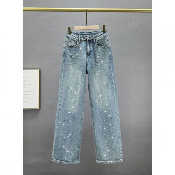 High-Waisted Straight Leg Jeans For Women - Stretch Denim Pants With Star Rhinestone Embellishments & Classic Blue Wash_ecoleips.com