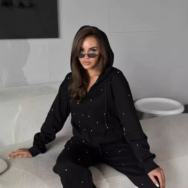 Women's Clothing Hooded Zipper Long Sleeves Full Body Hot Diamond Top Drawstring Trousers Sweater Suit Two Piece Suit Fashionable Sports Style Outfit_ecoleips.com