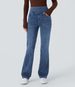 High Waist Stretch Washed Jeans – Cat Whisker Distressed Denim Pants | Straight Leg Trousers With Comfortable Elasticity_ecoleips.com