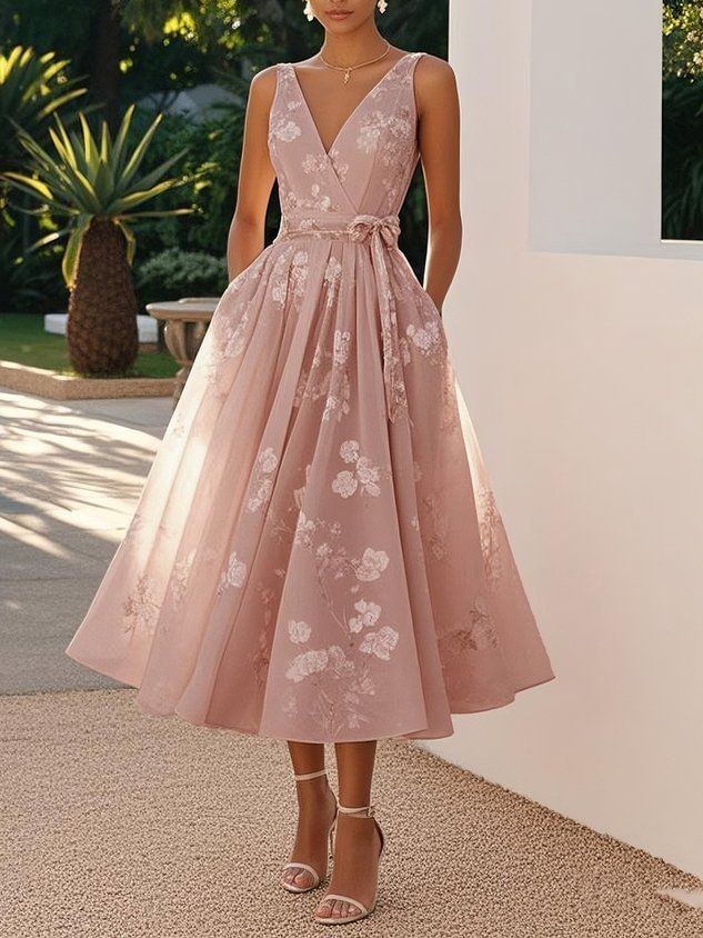 Women's Clothing Dress Elegant Floral Print V-Neck Sleeveless Dress – Women’s A-Line Cocktail Dress For Parties & Events (S-XXL, 6 Colors)_ecoleips.com