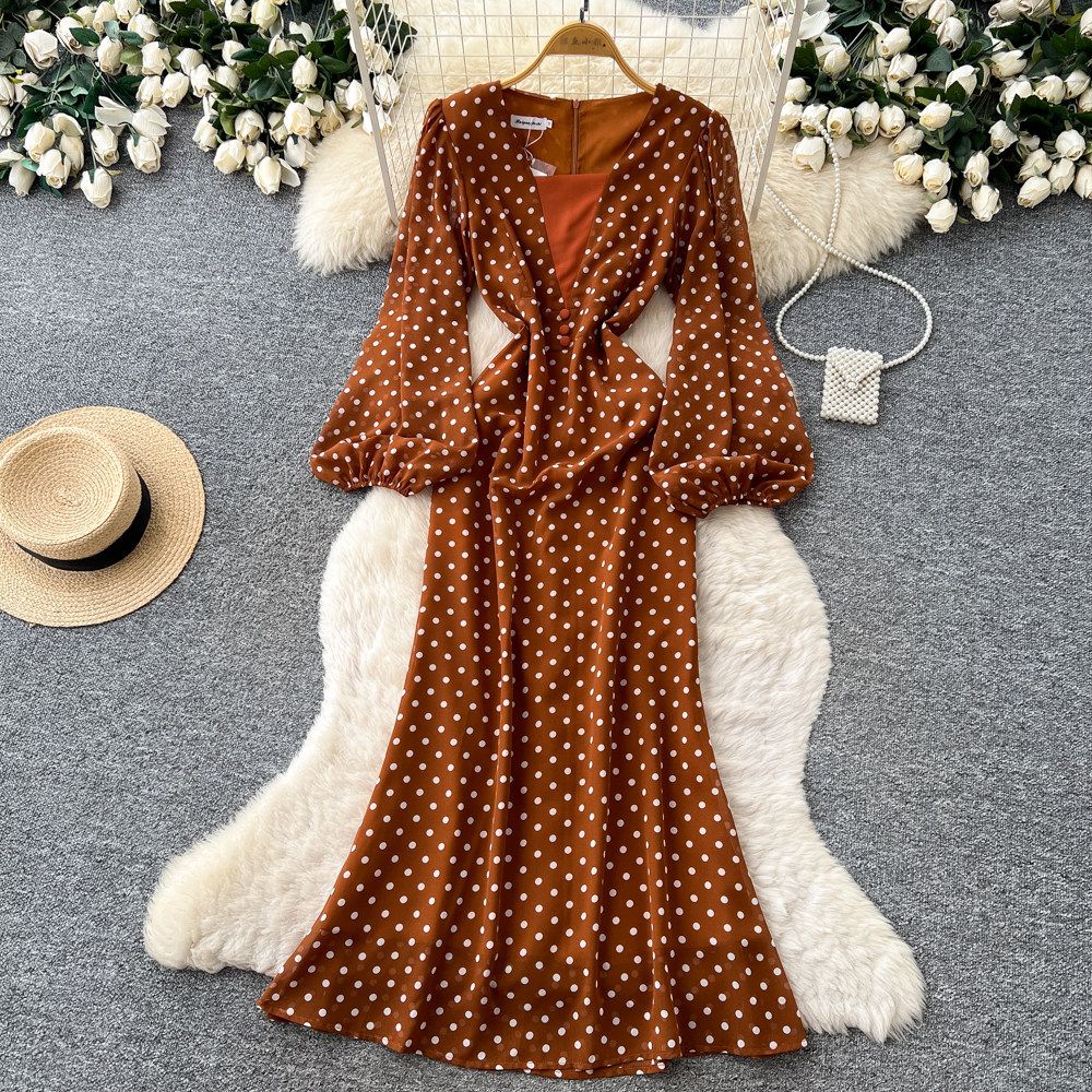 Retro Polka Dot V Neck Puff Sleeve Dress Slimming Elegant mid Length Summer Style Women's Commuting Dress_ecoleips.com