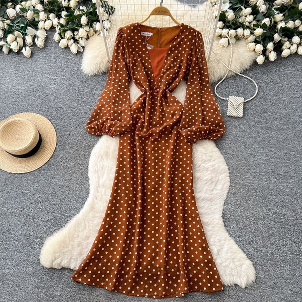 Retro Polka Dot V Neck Puff Sleeve Dress Slimming Elegant mid Length Summer Style Women's Commuting Dress_ecoleips.com