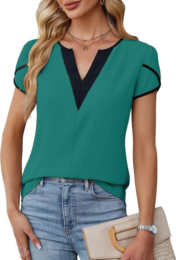 Summer Fashion Color Block Women's V Neck Shirt Petal Short Sleeve Top European American Style Cross Border Clothing for Ladies_ecoleips.com