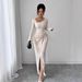 Women's Asymmetrical Neckline Twisted Long Dress Solid Color Fashion Textured Bodycon Dress_ecoleips.com