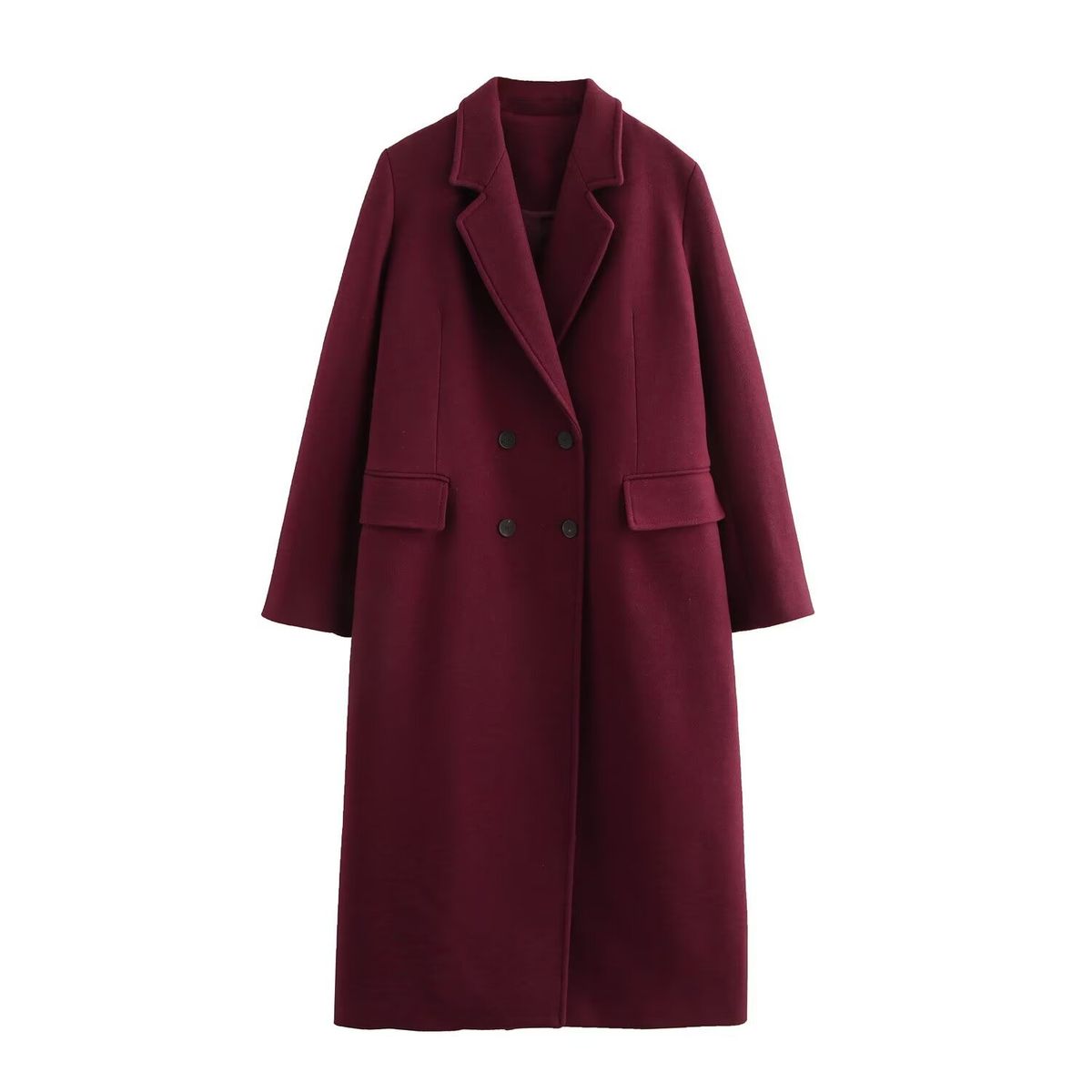 Elegant Wine Red Double-Breasted Trench Coat – Classic Longline Polyester Blend Coat For Women (Timeless Vintage Style)_ecoleips.com