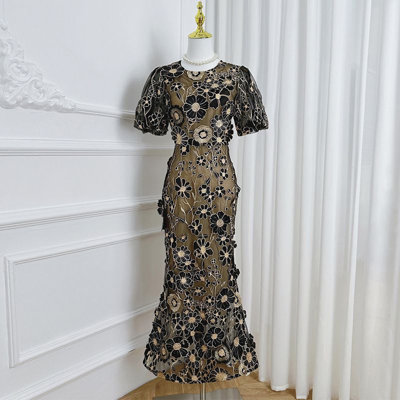 Women's Clothing Fine Heavy Handmade Three Dimensional Colorful Embroidery Puff Sleeve Hip Wrapped Temperament Fishtail Skirt_ecoleips.com