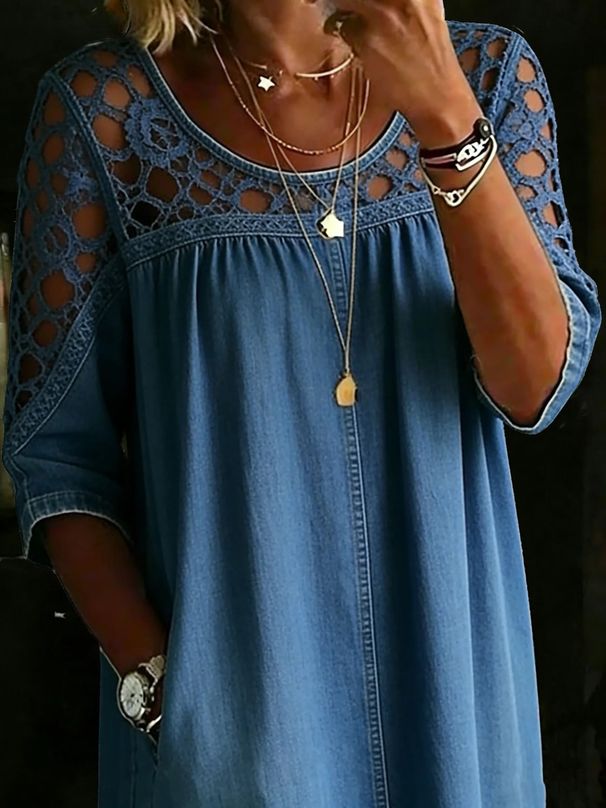 Women's Clothing Women's Loose Fitting Hollowed Out Lace Casual Loose Denim Shirt Solid Color Style For Formal & Casual For Women_ecoleips.com