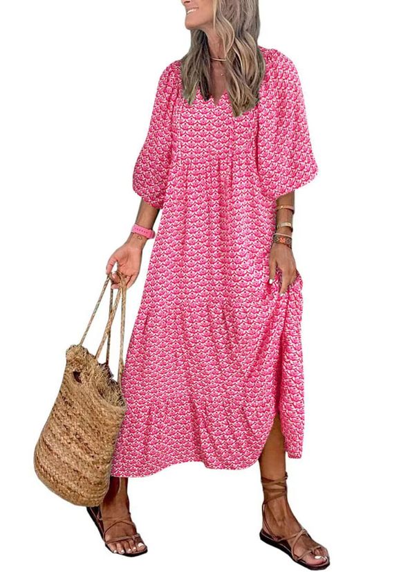 Women's Clothing Plus Size Women's Geometric Collage Puff Sleeve Dress Autumn Street Bombing Fashionable Casual Dress_ecoleips.com