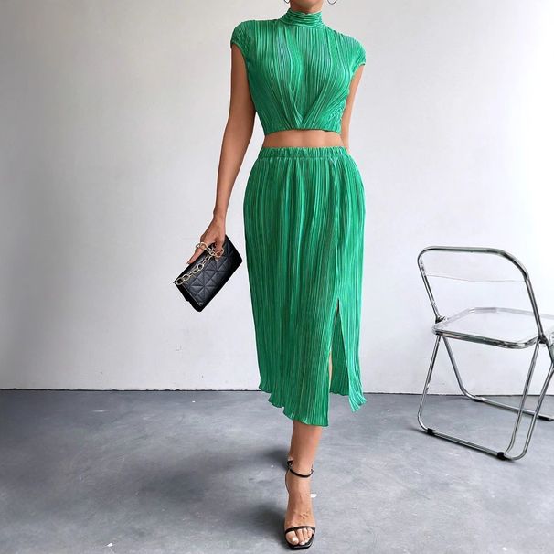 Women's Style Two Piece Skirt Set Sleeveless Fitted Top Sexy Summer Outfit With Side Slit_ecoleips.com