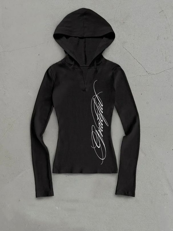 Women's Fitted Long Sleeve Hooded T-Shirt V-Neck Patterned Print European American Style Casual Spring Top Chic Early Spring Wholesale_ecoleips.com