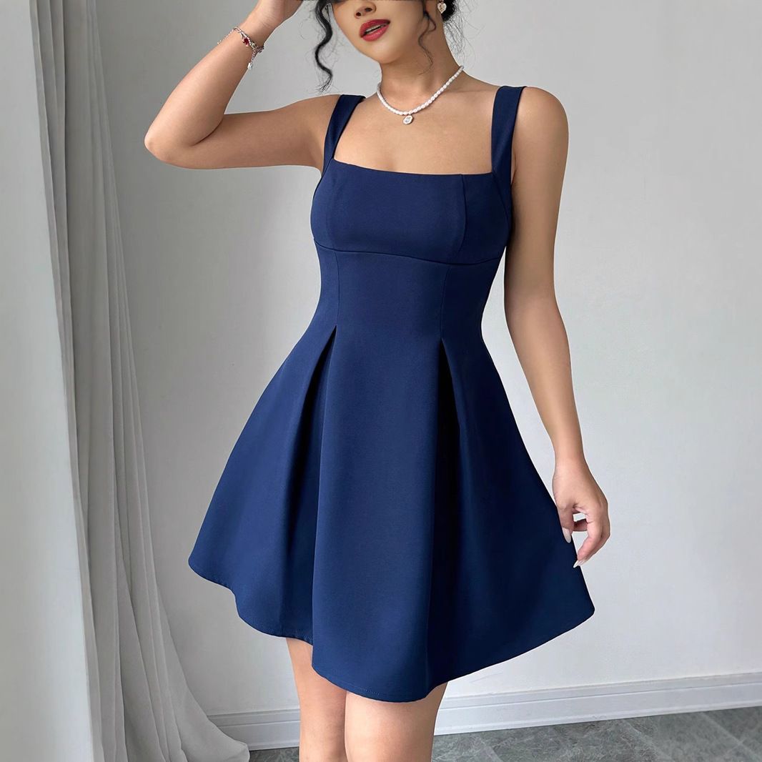 Women's Clothing New Sexy Fashion Waist Short Sleeveless Square Collar Dress_ecoleips.com