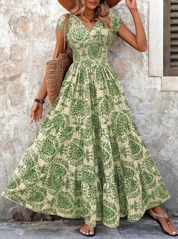Retro Printed Dress, Fashionable And Elegant, V-neck Short Sleeved Jumpsuit, Long Skirt, Women's Clothing_ecoleips.com