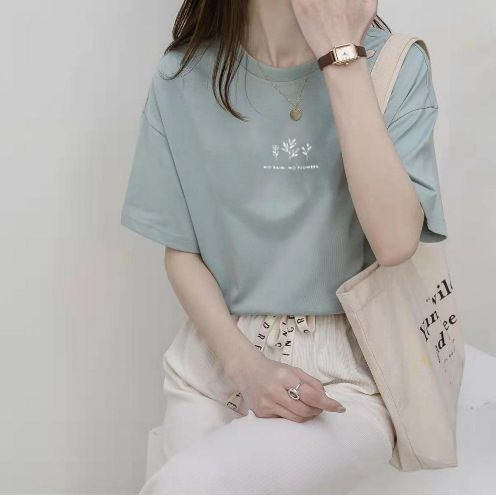 Women's round Neck Short Sleeve T-Shirt Korean Style Summer Loose Fit Casual Solid Color Plant Print Top for Students_ecoleips.com