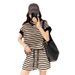 Cross-Border Foreign Trade Korean Version Casual Suit Women Striped Hit Short-Sleeved Sweatshirt Slimming Age-Reducing_ecoleips.com