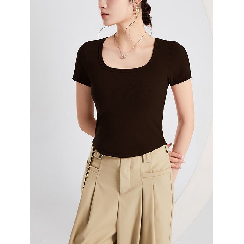 Women's Slim Fit Short Sleeve T-Shirt Padded Bra Integrated Cup Comfortable Casual Top Fashionable Spring Summer New Arrival_ecoleips.com