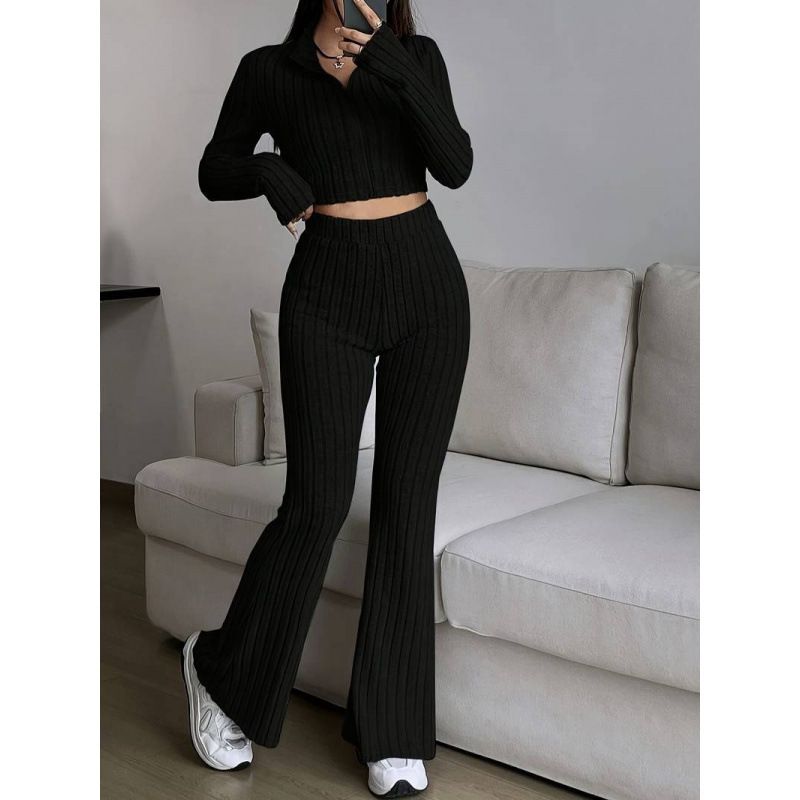 Solid Color Ribbed Two-Piece Set Zipper Long Sleeve Cropped Top High Waist Flared Pants Set Wholesale_ecoleips.com