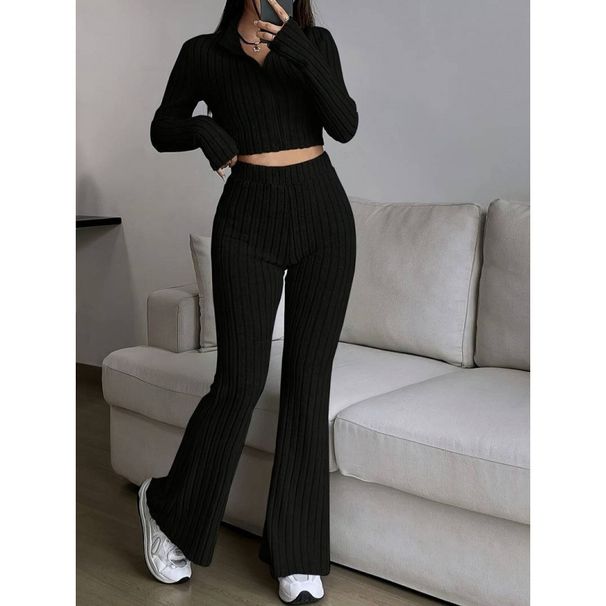 Solid Color Ribbed Two-Piece Set Zipper Long Sleeve Cropped Top High Waist Flared Pants Set Wholesale_ecoleips.com
