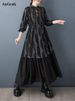 Oversized Vintage Print Drawstring Dresses For Women New Long Sleeve Loose Casual Midi Dress Fashion Clothing Spring Autumn 2025_ecoleips.com