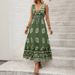 Women's Clothing New Holiday Style Printed Dress Green Ethnic Style Casual V Neck High Waist Long Skirt For Women_ecoleips.com