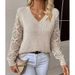 Effortless V-Neck Sweater Women's Lace Knit Top - Breathable Acrylic Pullover, Casual & Office Chic, S/M/L/XL (Beige, Black, Cream)_ecoleips.com