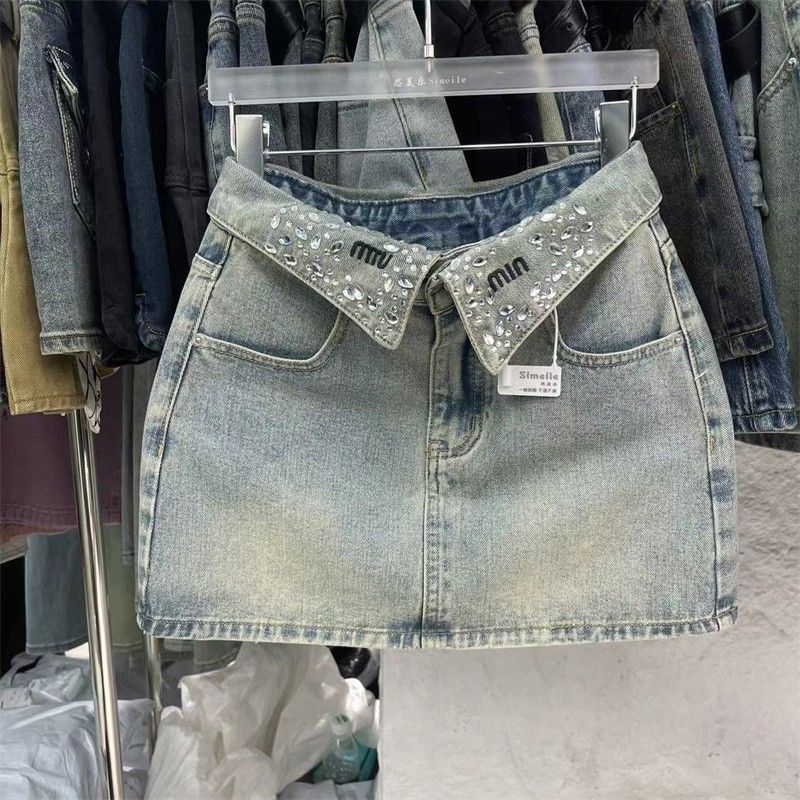 Women's American Style Washed Denim Mini Skirt Lapel Design Rhinestone Embroidery Light Blue Lettering_ecoleips.com