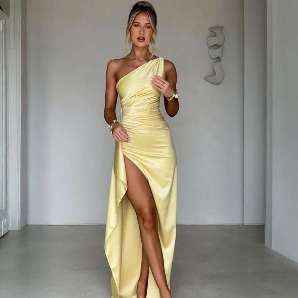 Women's Clothing Oblique Collar Slit Sleeveless Women's Sexy Slim Evening Dress_ecoleips.com