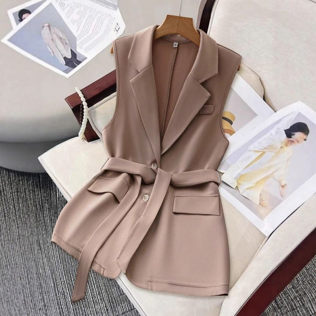Women's British Style Lapel Loose Fit Tie Belt Sleeveless Vest – Casual Office Layering Blazer Top 2026_ecoleips.com