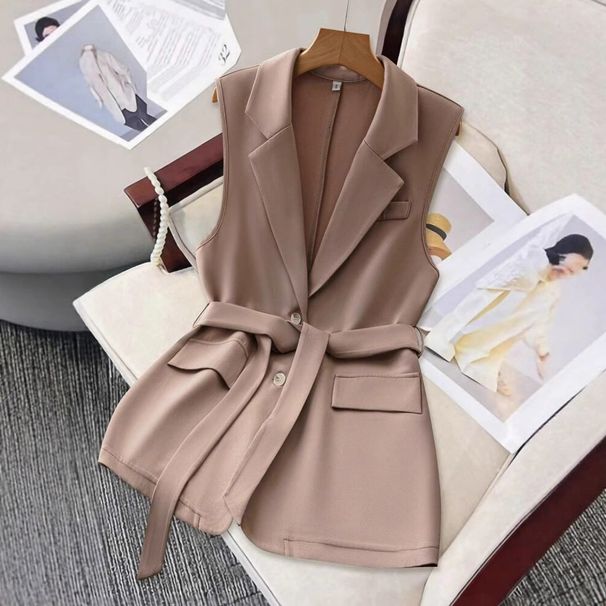 Women's British Style Lapel Loose Fit Tie Belt Sleeveless Vest – Casual Office Layering Blazer Top 2026_ecoleips.com