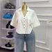 Women's Oversized Short Sleeve Shirt - Cropped Relaxed Fit, Button-Down Collar With Chest Pocket, Summer Breathable Polyester Top_ecoleips.com