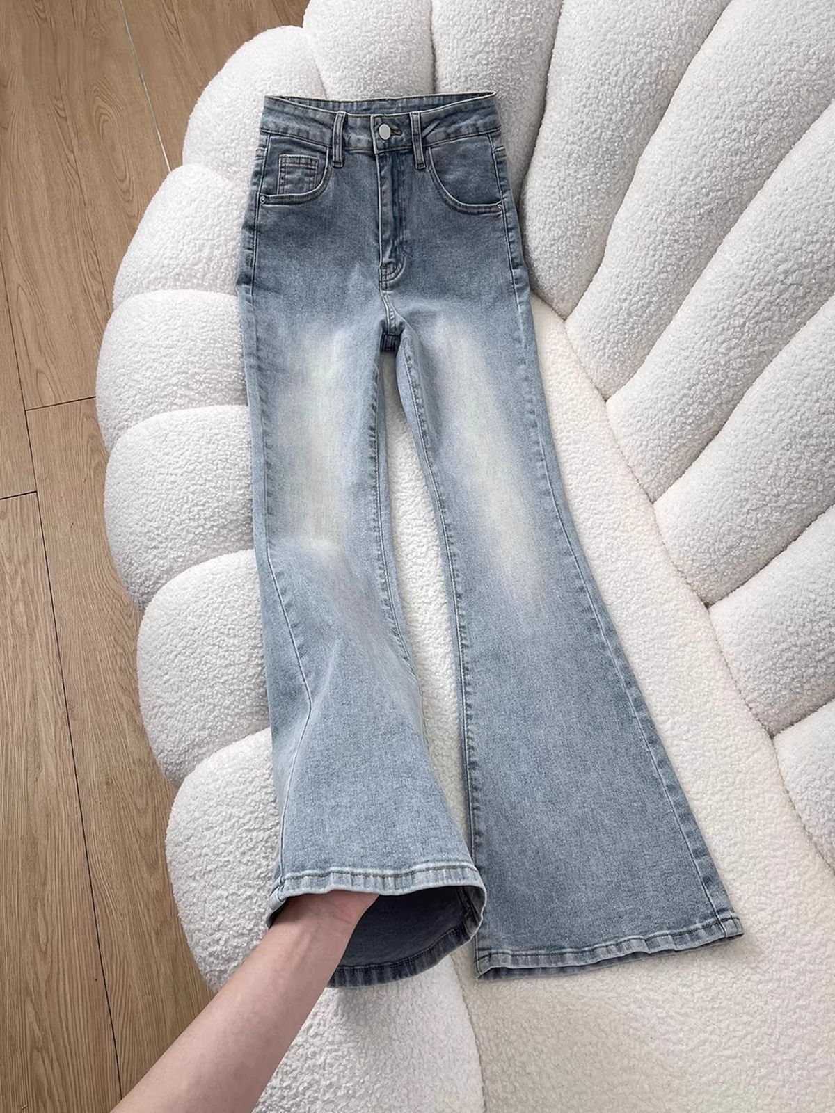 Women's Clothing High-Waisted Washed Flared Jeans Stretchy Slimming Light Colored Flared Pants For Pear Shaped And Petite Figures Spring Style_ecoleips.com