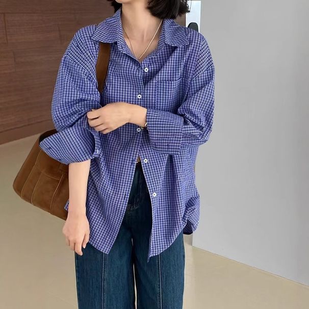 Women's Clothing Retro Blue Plaid Shirt Loose Slim Sunscreen Shirt_ecoleips.com