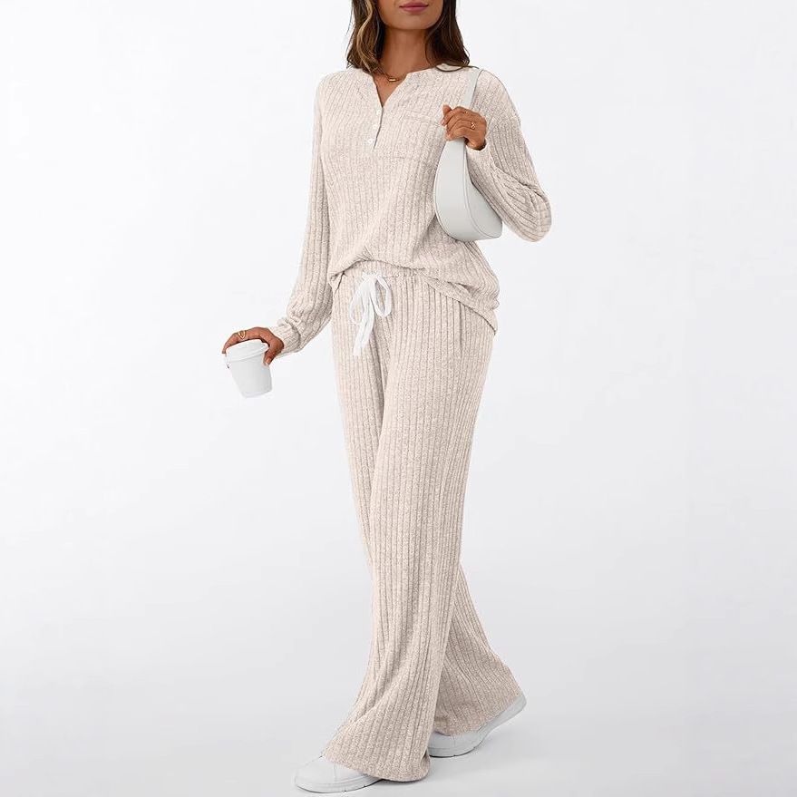 Autumn And Winter Pit Strip Brushed V-Neck Can Be Worn Outside, High-End Home Pajamas, Two-Piece Women's Clothing_ecoleips.com