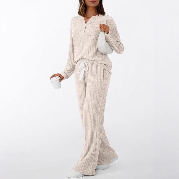 Autumn And Winter Pit Strip Brushed V-Neck Can Be Worn Outside, High-End Home Pajamas, Two-Piece Women's Clothing_ecoleips.com