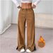 Women's Casual Corduroy Pants Mid-Waisted Slit Loose Straight Leg Floor Length Fashion Spring Autumn England Style_ecoleips.com