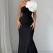 Women's Clothing Solid Color Asymmetric Neckline Sleeveless Dress With Decorative Flowers Elegant Dress Long_ecoleips.com