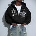 Women's Clothing Unisex Street Style Hooded Cardigan Sweatshirt Loose Fit Star Print Zip Up Drawstring Fashion_ecoleips.com